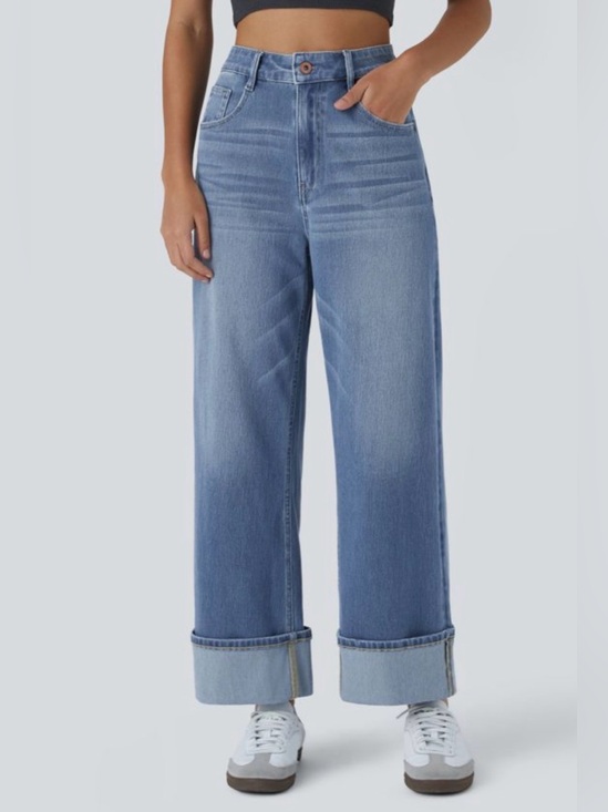 HALARA Denim - Halara Flex High Waisted Pockets Rolled Hem Wide Leg Washed Casual Jeans Size MP